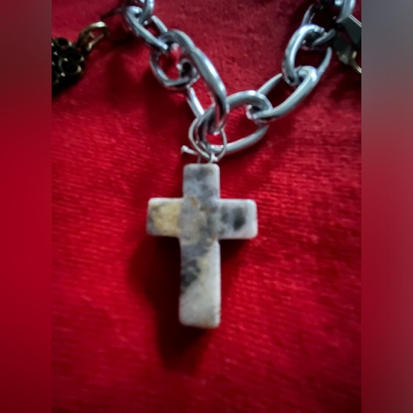 Hand Crafted Silver Plated Charm w Natural Stone Cross Bracelet Hand Made - Picture 3 of 5